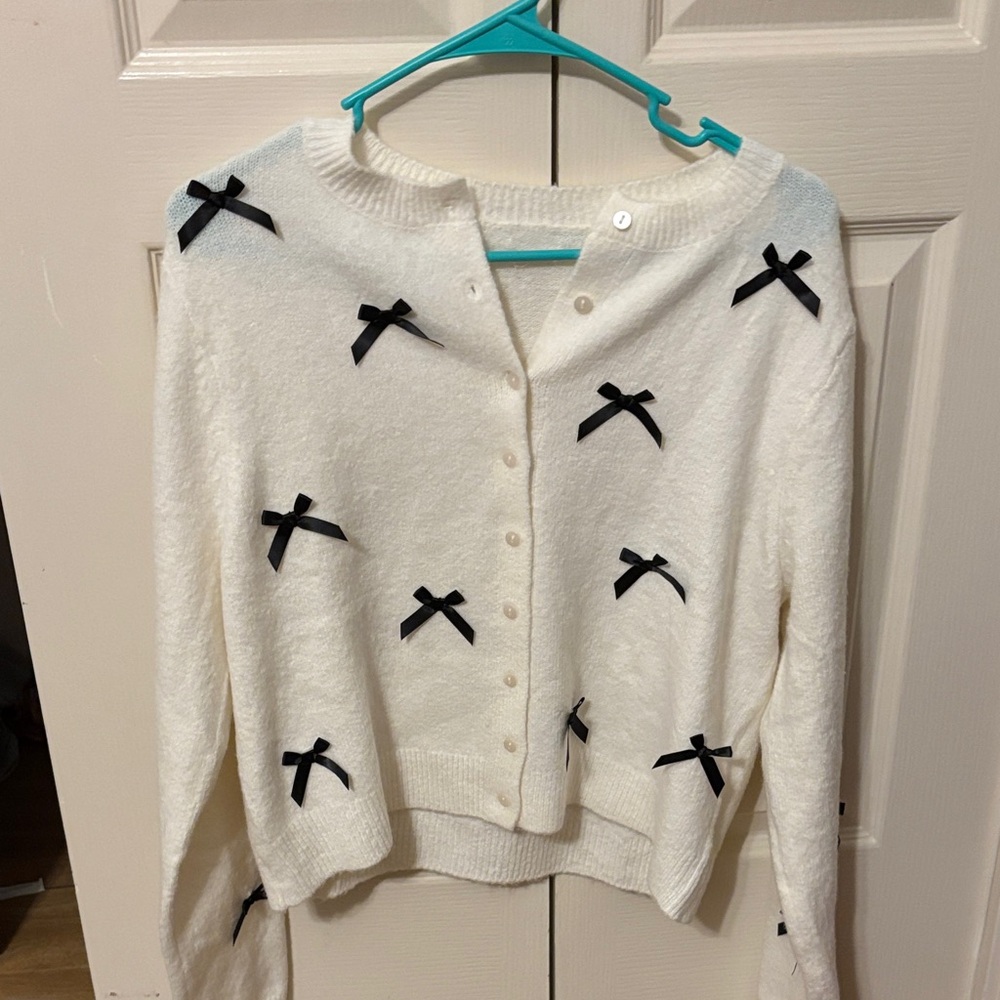 Target Women's Cream Cardigan with Black Bow Details